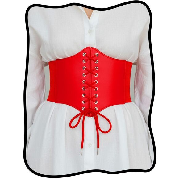 Accessories - 9774 Stretchy Leather Corset Belt Elastic Red Waist Belts Wide Costume